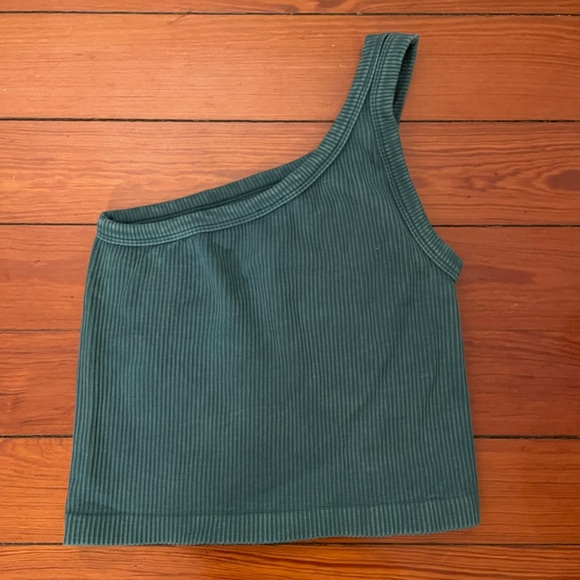 Green Ribbed One-Shoulder Top - Picture 2 of 3